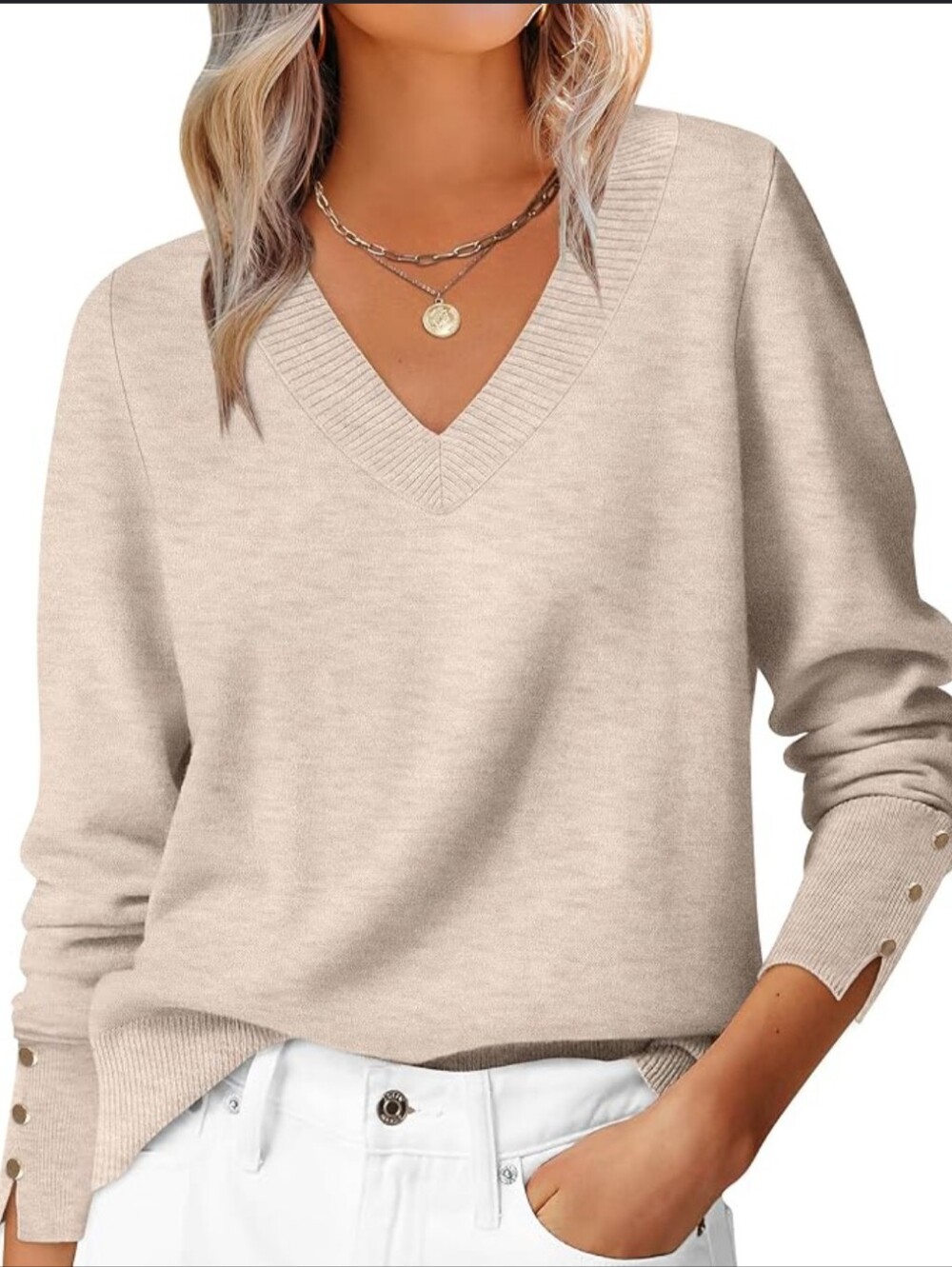 NWT ANRABESS Women's Beige Knit V-Neck Pullover Sweater Button Cuff Size XL